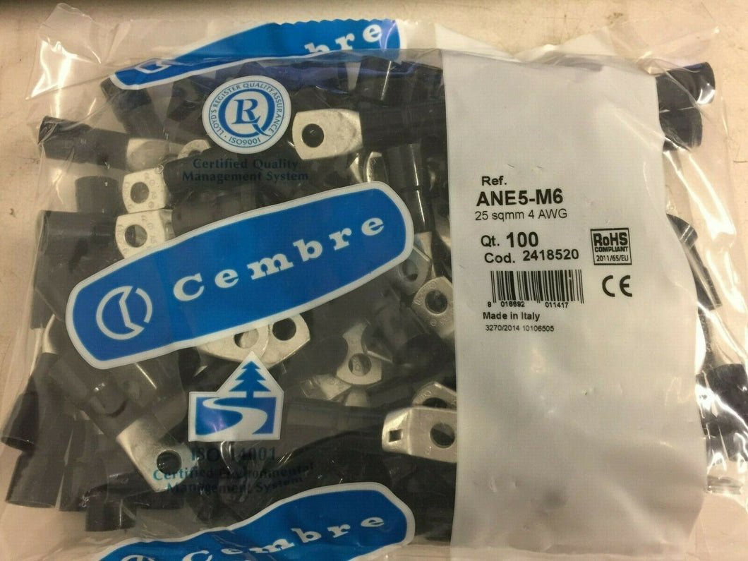 100PCS CEMBRE Heavy Duty ANE5-M6 25 SQMM 4 AWG CABLE EYE LUGS