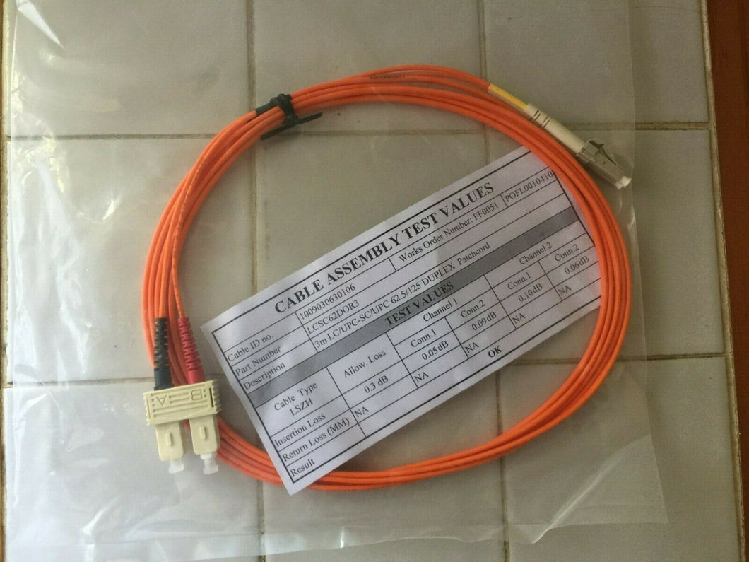 3mtr lc/upc-sc/upc 62.5/125 duplex patch cord new